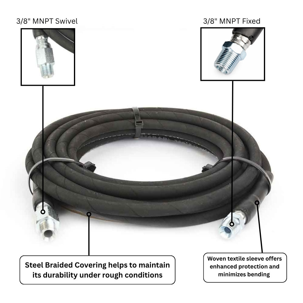 S.Braid Black Rubber Hose,1/4"x25 ft, 3/8" MNPT Fixed & Swivel, W/T Sleeve,4000 psi  - W02