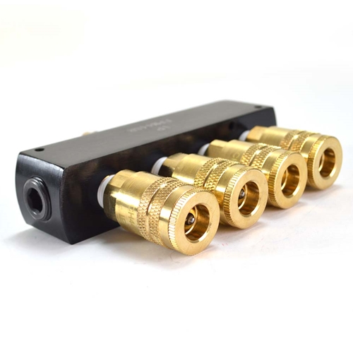 Aluminum Rectangular Manifold with Four 1/4" Brass Industrial Couplers & One 
3/8" Steel Industrial Plug Kit  - W02