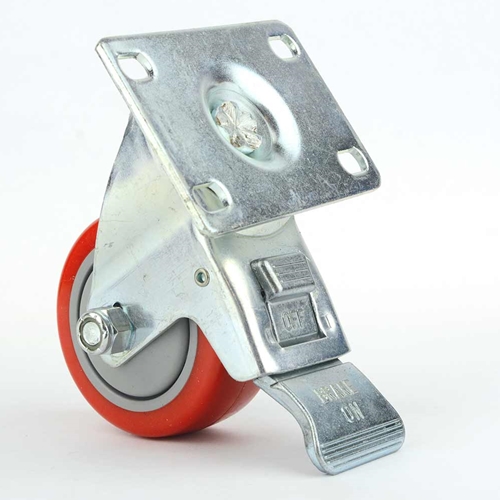 Swivel Plate Wheel Casters Double Lock Stem Brake with Red Polyurethane Wheels - 220 lbs - W02
