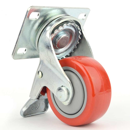 Swivel Plate Wheel Casters Double Lock Stem Brake with Red Polyurethane Wheels - 220 lbs - W03