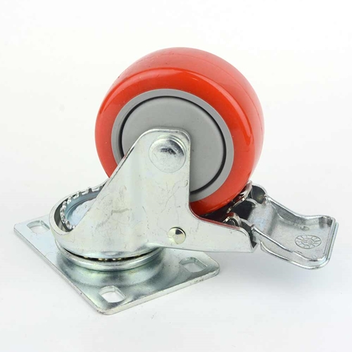 Swivel Plate Wheel Casters Double Lock Stem Brake with Red Polyurethane Wheels - 220 lbs - W04