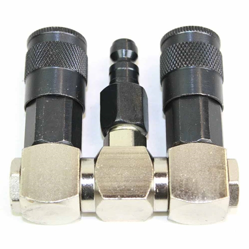 Double Swivel  Manifold with Two 1/4" Steel Automotive Couplers & One 1/4" Steel Plug Kit - W02