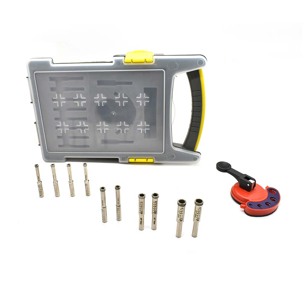 Small Drill Bit Kit. Includes 10 Electroplated Bits. 2 ea 6mm, 2 ea 6.5mm, 2 ea 8mm, 2 ea 10mm, 2 ea 12mm and One Clamp Drill Bit Guide
 - W02