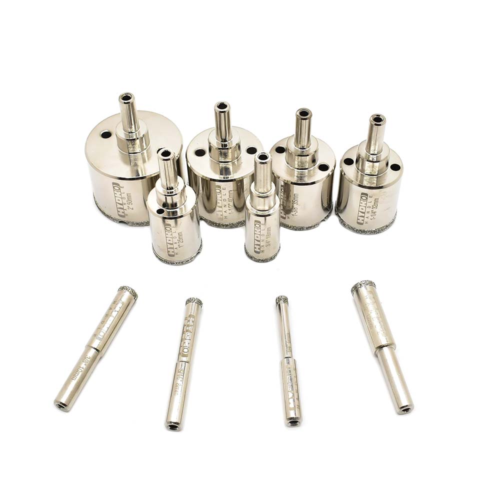 Large Drill Bit Kit. Includes 10 Electroplated Bits. 6mm, 8mm, 10mm, 12mm,18mm, 25mm, 32mm, 35mm, 40mm, 50mm and Clamp Drill Bit Guide
 - W03