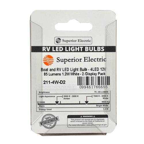 Boat and RV LED Light Bulb - 4LED 12V 85 Lumens 1.2W White - 2 /Display Pack - W03