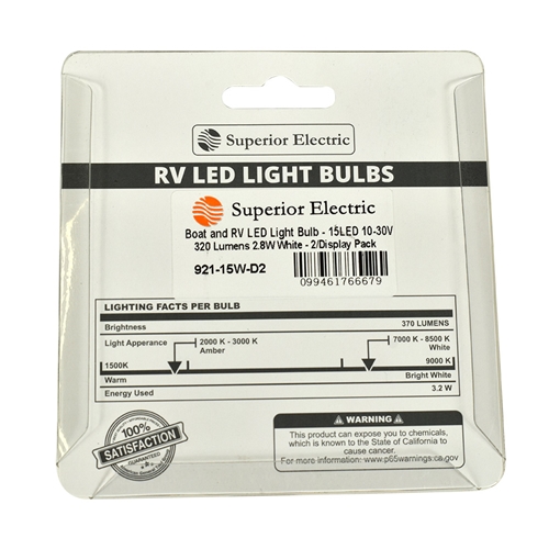 Boat and RV LED Light Bulb - 15LED 10-30V 320 Lumens 2.8W White - 2 /Display Pack - W03