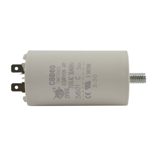 40MFD +/-5% 50Hz/60Hz AC 250V Cylinder Motor Running Capacitor - 2 Pin, White Color, 8mm Threaded End (CBB60)  - W02