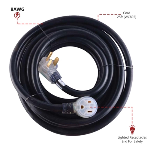 Welder Extension Cord, 8AWG, 25FT, w/ Lighted End - W02