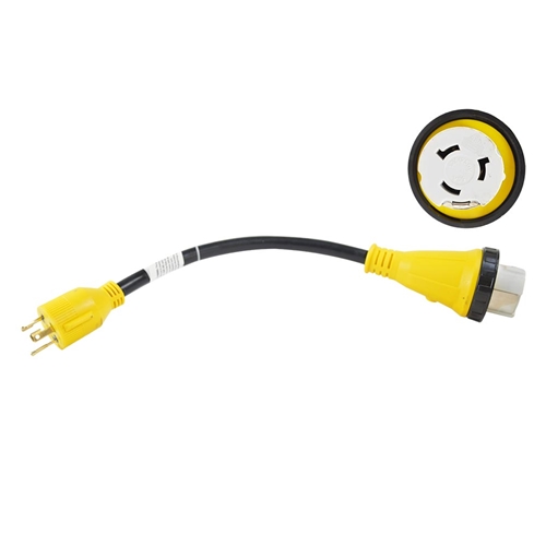 RV  Adapter 1.5ft STW 10AWG/4 - 30A Male (L5-30P) to 50A Locking (SS2-50R)  Male and Female W/LED - W02