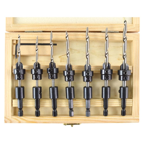 7 Piece Countersink Drill Bit Set with Quick-Change Hex Shank Adapters - W02