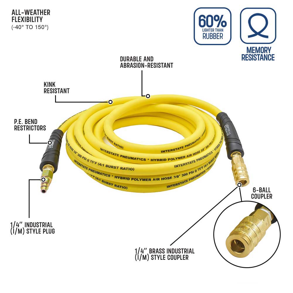 3/8" 25 ft Yellow Hybrid Polymer Hose With 1/4" Brass Industrial 6-Ball Coupler & Steel Plug - W06