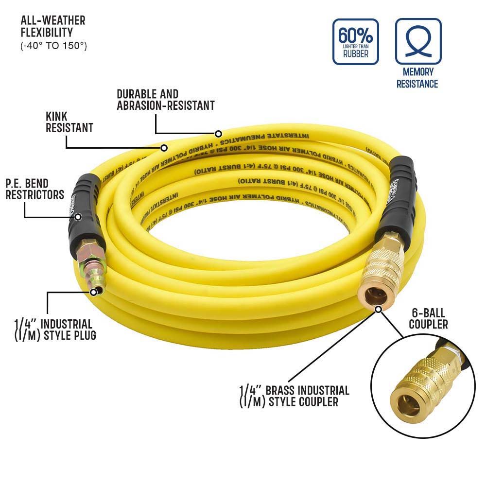 1/4" 25 ft Yellow Hybrid Polymer Hose With 1/4" Brass Industrial 6-Ball Coupler & Steel Plug - W06