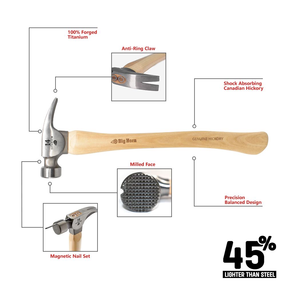 14 Oz Tiger Titanium Hammer With Curved Hickory Handle