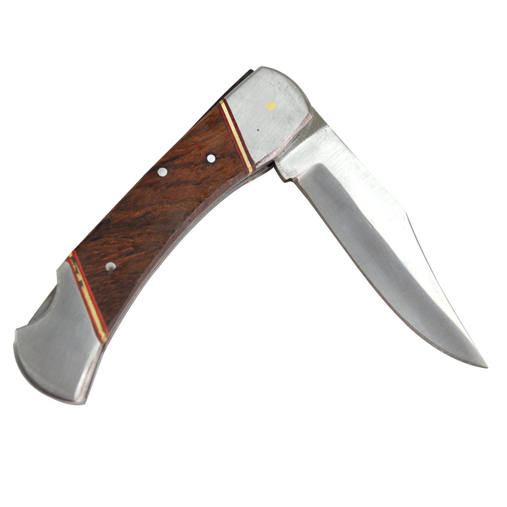 5" Wood Handle Pocket Knife w Brown Leather Case - W02