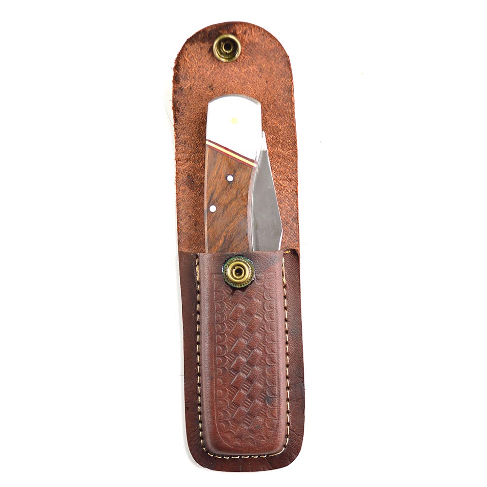 5" Wood Handle Pocket Knife w Brown Leather Case - W04