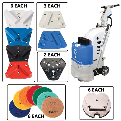 TPSX1 Floor Preparation machine with 6 ea diamond grinding blocks, Traps, PCD & Polishing Pads