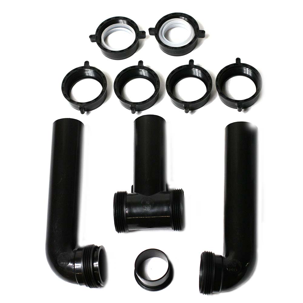 2177-T 1-1/2" ABS Center Outlet Tray Waste with Center Outlet Baffle Twin Elbow - (6) Slip Joint Nuts - (2) Direct Connect Gasket - (4) Slip Joint Washers