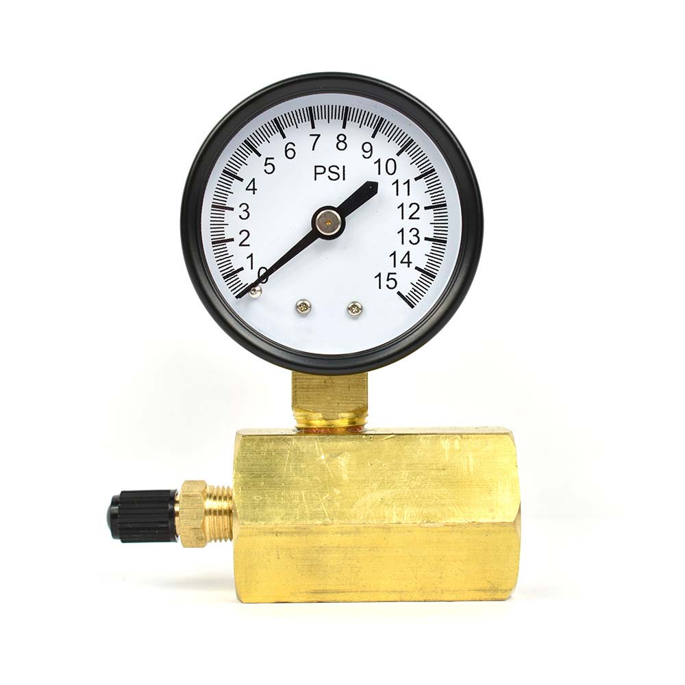 2335-T 2"  Dial 15 PSI Gas Test Pressure Gauge - 1/4" NPT Bottom Mount 3/4" FNPT  with Tire Valve Fitting (G2012-015GT)