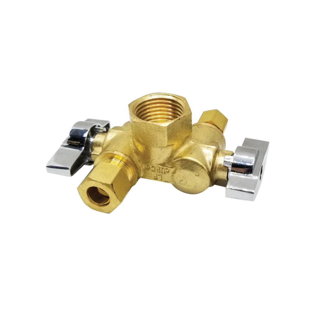6680-T 1/2" FIP  x 3/8" Comp x 1/4" Comp Dual Outlet/ Dual Shut Off 1/4-Turn Angle Stop Valve