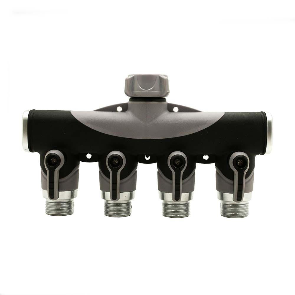 4-Way Garden Hose Manifold / Splitter with Shut-Off Valves – Zinc