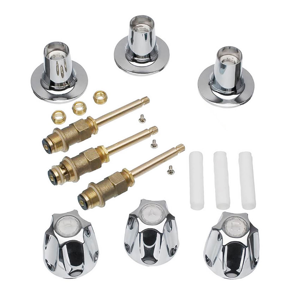 Tub/Shower 3-Handle Remodeling Trim Kit for Price Pfister Verve Style - Metal Handles (HOT/COLD/DIVERTER), Brass Stems, Brass Seats, Chrome Plated Flanges with Nipples