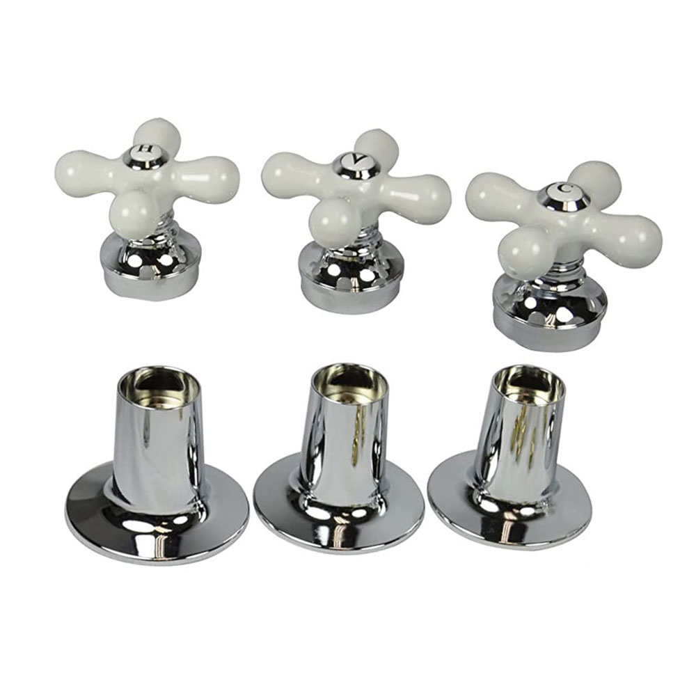 Tub/Shower 3-Handle Remodeling Trim Kit for Price Pfister - Porcelian Cross Handles (HOT/COLD/DIVERTER), Chrome Plated Flanges with Nipples