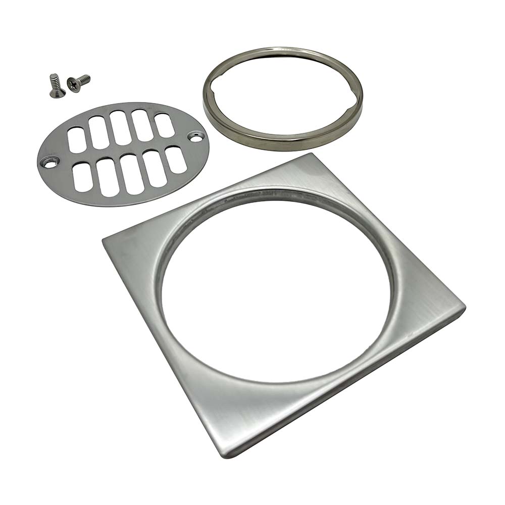 Square Shower Drain Trim Kit Includes Cover, Ring & Round Strainer - Satin Nickel