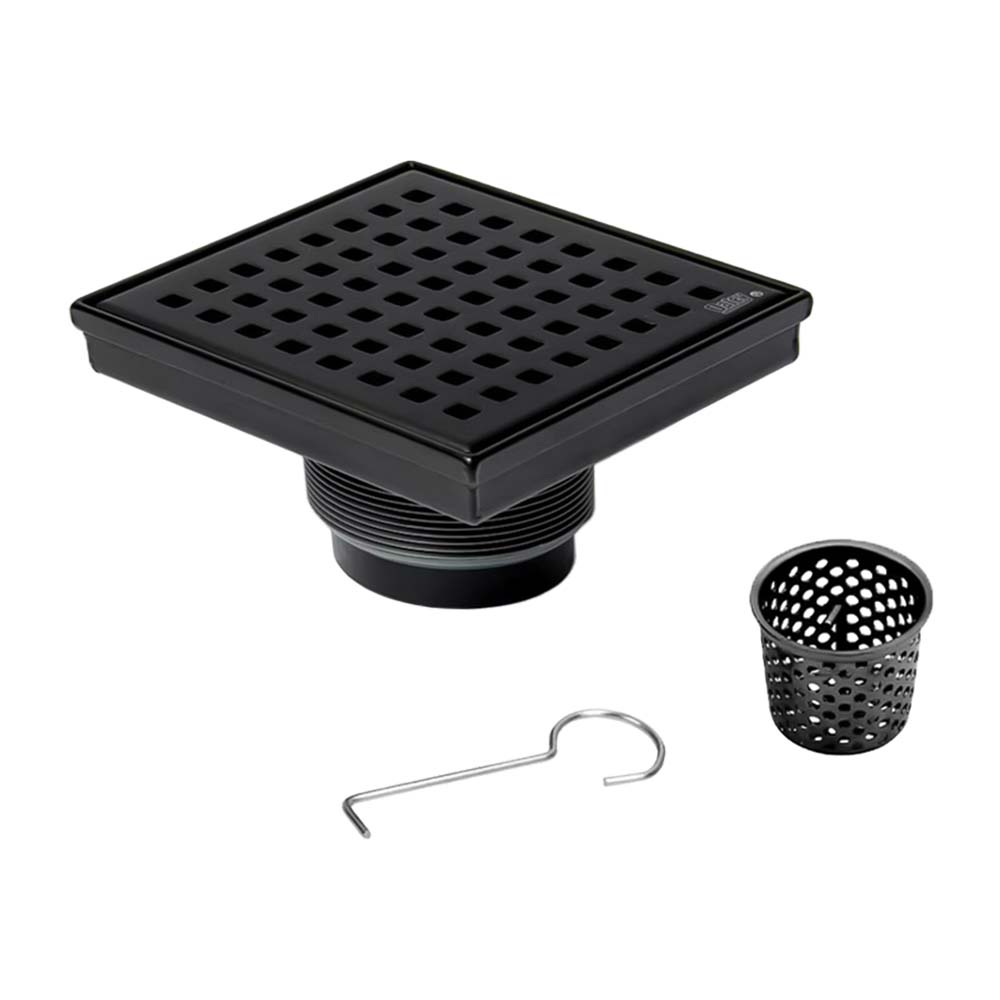 5990-T 4" Square Floor Drain with Grid Drain Cover & Hair Strainer - Matte Black