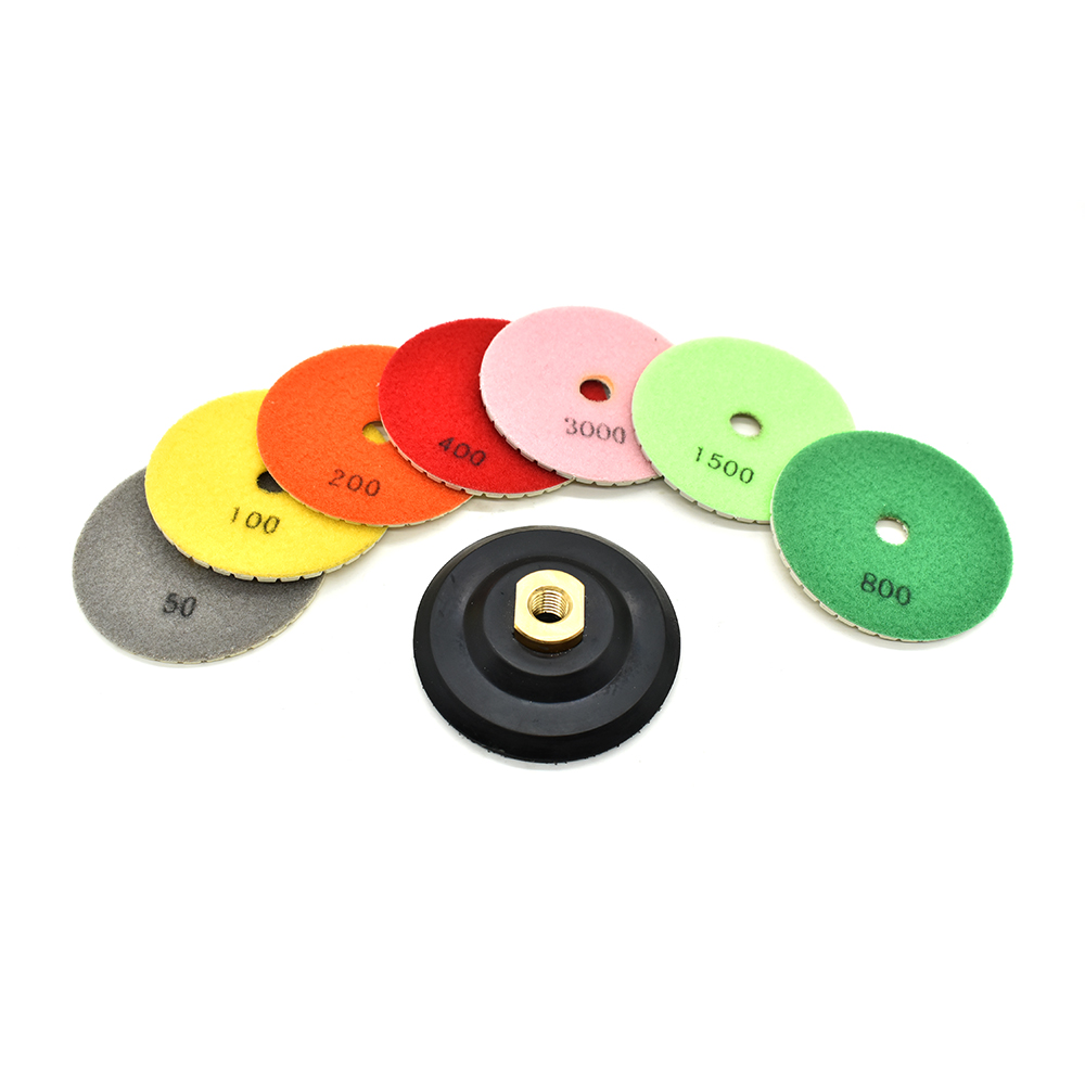 4" Diamond Polishing Pad Set Includes: 50, 100, 200, 400, 800, 1500, 3000 Grit & Includes Rubber Hook & Loop Backing Pad