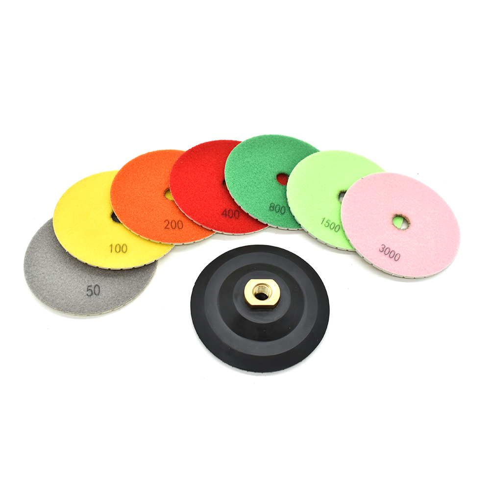 5" Diamond Polishing Pad Set Includes: 50, 100, 200, 400, 800, 1500, 3000 Grit & Includes Rubber Hook & Loop Backing Pad