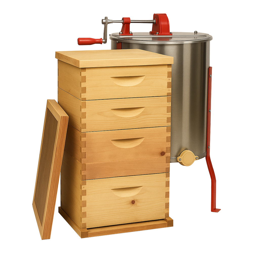  Beekeeping Complete Beehive Kit includes 2 Frame Manual Honey Extractor, Frames, Foundations, Brood Box, Super Box, Inner Cover, Top and Bottom (GLE4STACK) 