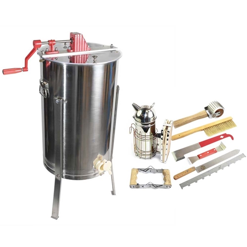 Beekeeping Complete Beginner Beehive Kit includes 2 Frame Manual Honey Extractor, Uncapping Knife, Spacer, Brush, Frame Remover, Wood Handle Scraper, Decapping Roller, Stainless Steel Lifter / J-Hook Tool & Smoker