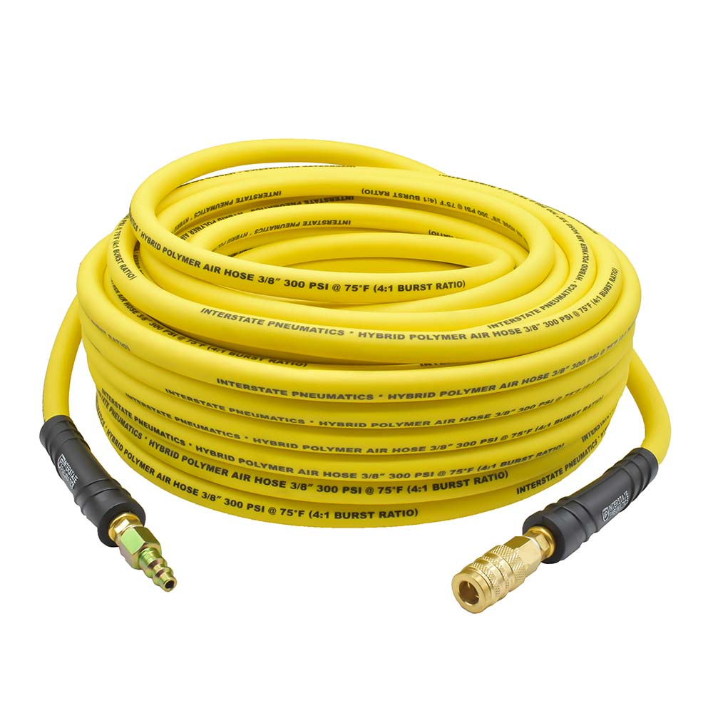 3/8" 50 ft Yellow Hybrid Polymer Hose With 1/4" Brass Industrial 6-Ball Coupler & Steel Plug