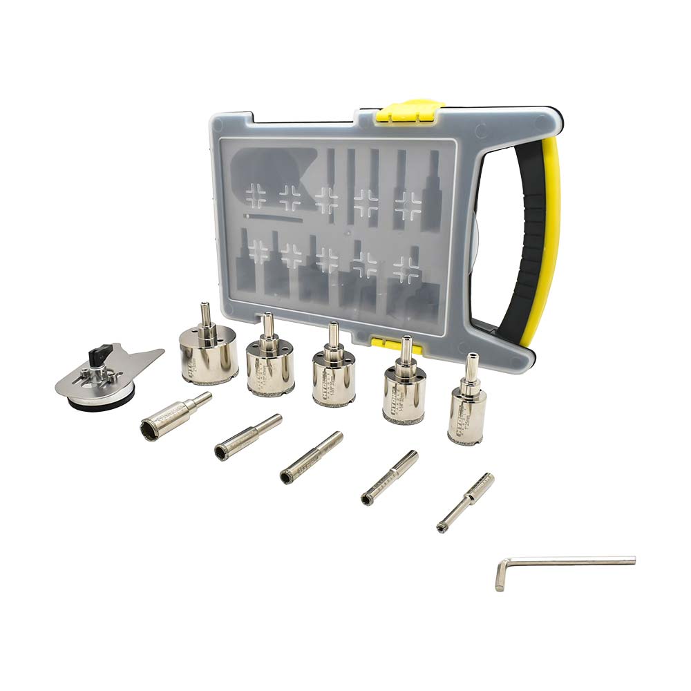 Large Drill Bit Kit. Includes 10 Electroplated Bits. 6mm, 8mm, 10mm, 12mm,18mm, 25mm, 32mm, 35mm, 40mm, 50mm and Clamp Drill Bit Guide
