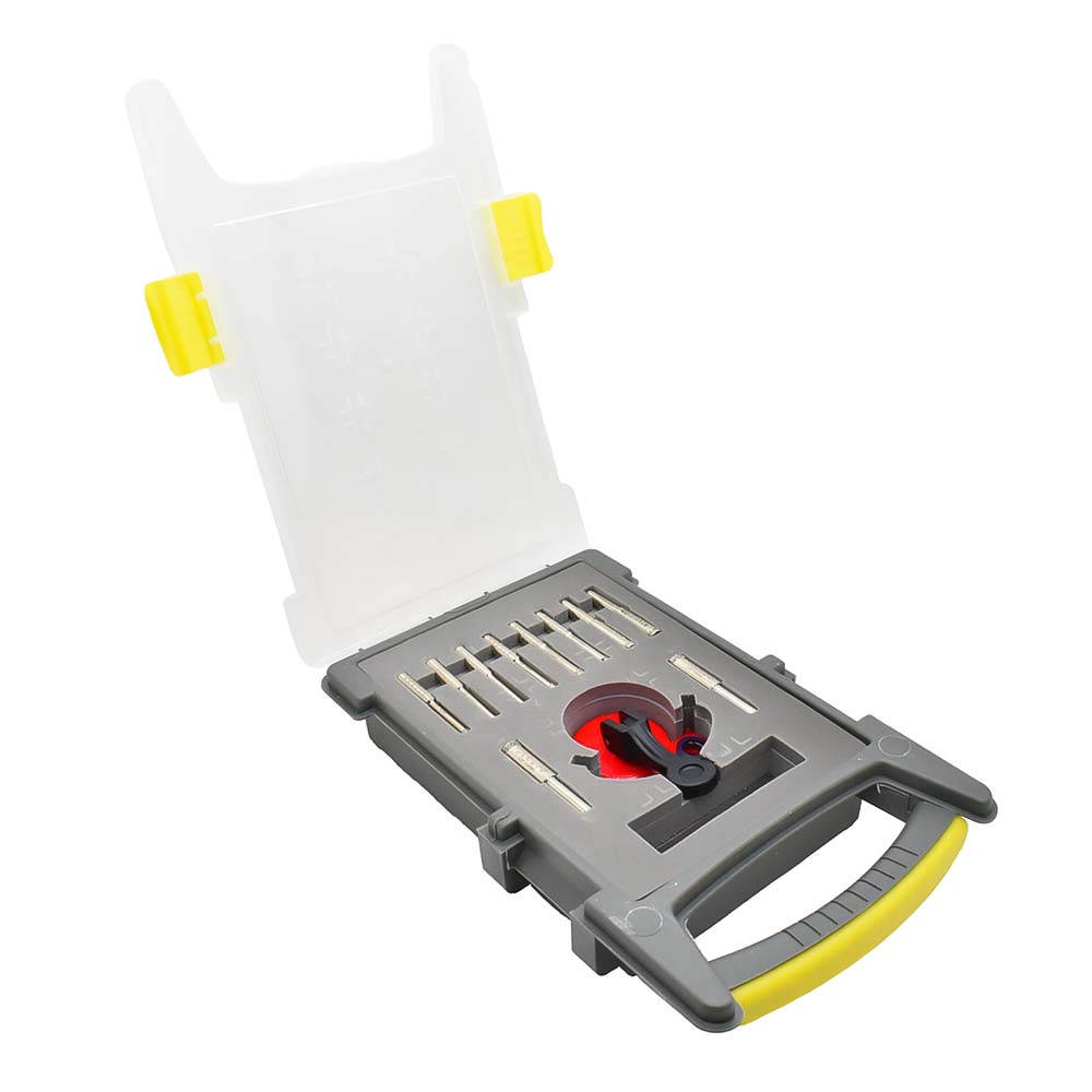 Small Drill Bit Kit. Includes 10 Electroplated Bits. 2 ea 6mm, 2 ea 6.5mm, 2 ea 8mm, 2 ea 10mm, 2 ea 12mm and One Clamp Drill Bit Guide
