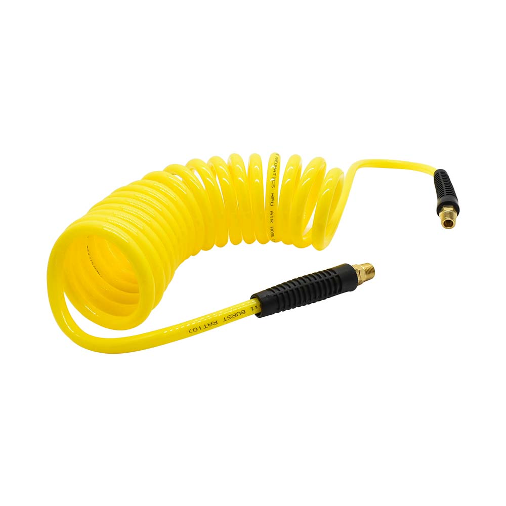 1/4" 12 ft long w/1/4" NPT Solid Fittings, Recoil Yellow PU Hose