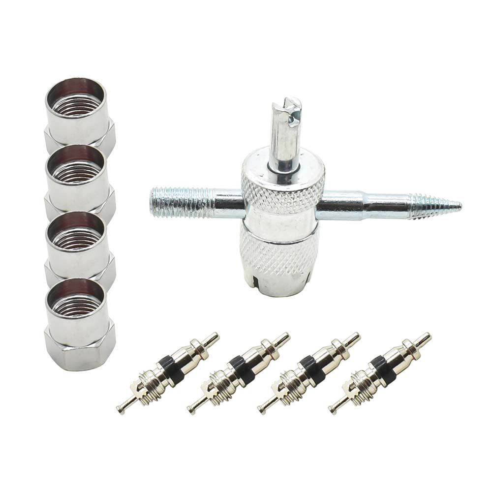 Tire Core Tool , 4 in 1 Multi-Purpose Kit - Includes 1 Tool, 4 Caps and 4 Schrader Valves