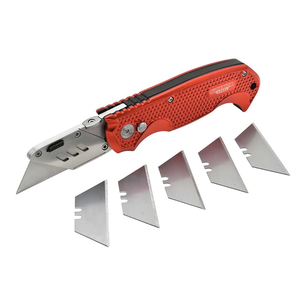 Folding Utility Knife - Aluminum Handle, Stainless Steel Housing With Safety Lock-Back System (Quick Change Blade Mechanism with 5 Replacements SK5 Blades)