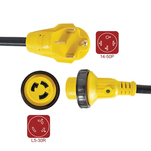 RV Adapter 1.5 ft  STW 10AWG/3 - 50A Male (14-50P) to 30A Locking (L5-30R)  Locking W/LED 