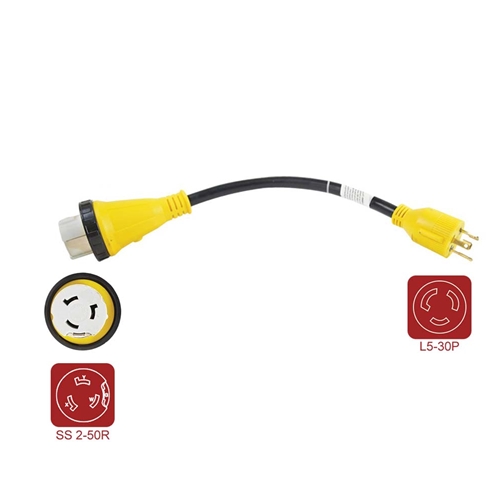 RV  Adapter 1.5ft STW 10AWG/4 - 30A Male (L5-30P) to 50A Locking (SS2-50R)  Male and Female W/LED