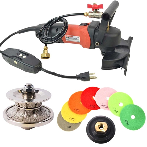 WP800 4" Var Speed Polisher, 1-1/2" Full Bullnose Diamond Profile Wheel and 8 pc 4" Diamond Polishing Pad Set