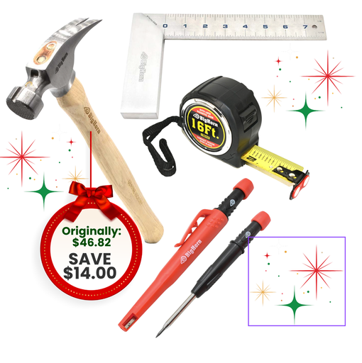 (TMT ONLY) 4-Piece Professional Measuring & Marking Tool Kit Including Mechanical Pencil, 8 Inch Try Square, 16 ft Auto-Lock Tape Measure & 25 Oz Straight Hammer