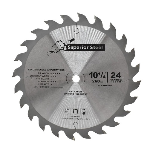 10 1/4" x 24 Teeth  x 0.10" kerf x 5/8" Arbor with Diamond Knock Out -  Carbide Tipped Saw Blade