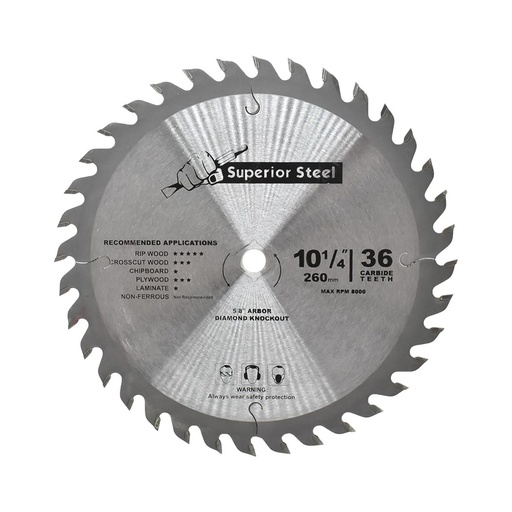 10 1/4" x 36 Teeth x 0.10" kerf x 5/8" Arbor with Diamond Knock Out -  Carbide Tipped Saw Blade