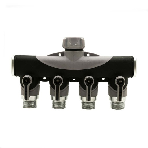 4-Way Garden Hose Manifold / Splitter with Shut-Off Valves – Zinc