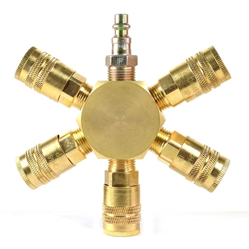 3/8" Brass Flat Hex Manifold w/5 x 1/4" Brass Industrial Couplers