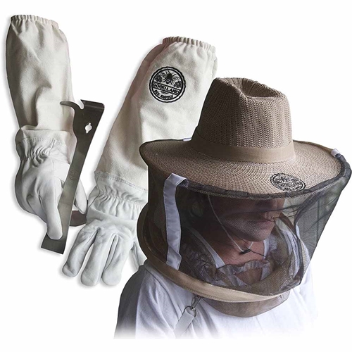 Sheep Skin Beekeeping Protective Gloves with Canvas Sleeves and Beekeeping Hat Includes Round Veil - Medium & J-Hook Beehive Scraper Tool