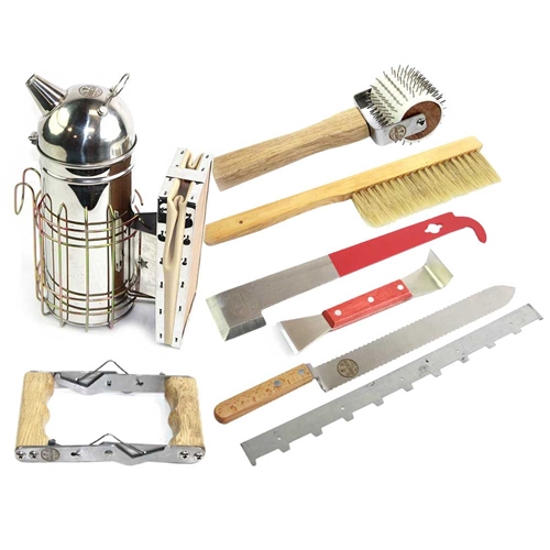 Beekeeping Beehive Kit includes Uncapping Knife, Spacer, Brush, Frame Remover, Wood Handle Scraper, Decapping Roller, Stainless Steel Lifter / J-Hook Tool & Smoker
GLTOOLSET1 