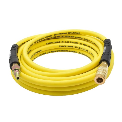 1/4" 25 ft Yellow Hybrid Polymer Hose With 1/4" Brass Industrial 6-Ball Coupler & Steel Plug