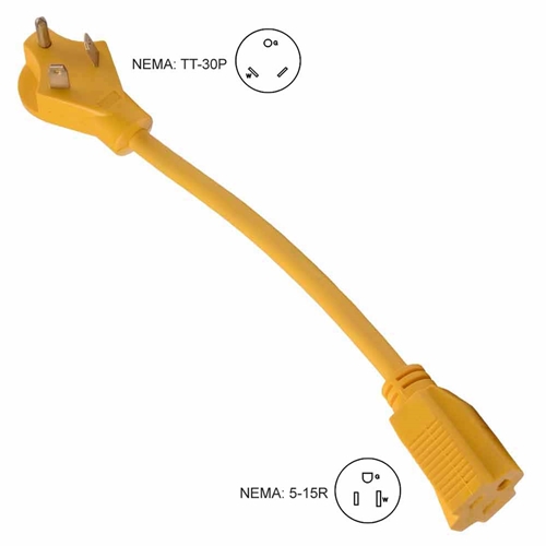 RV Adapters 30 Amp Male to 15 Amp Female 12" 12AWG/3 Cord